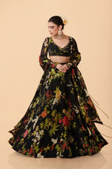 Off-White, Black, Pink, Blue & Green Organza Lehenga