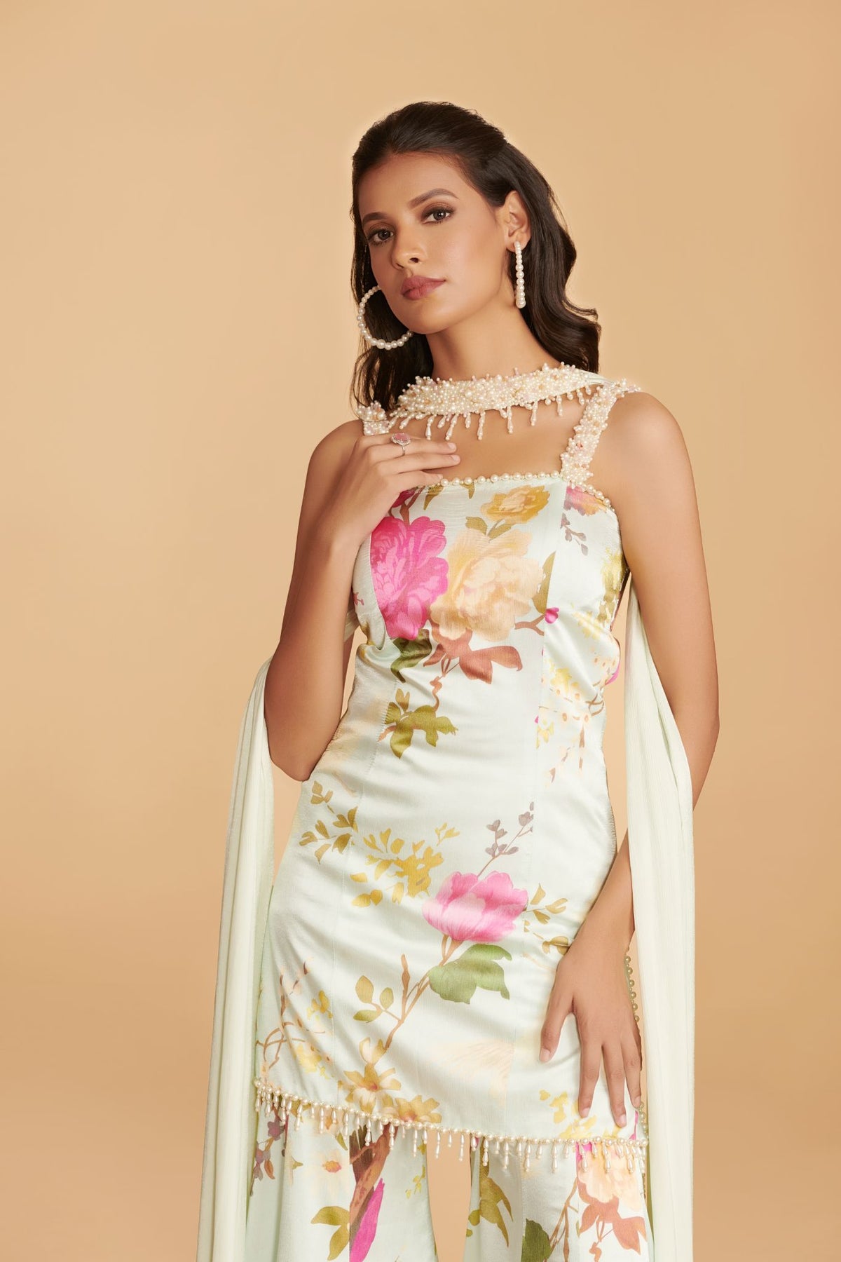 Off-White Multi-Colour Chinon Satin Kurta With Kalidaar Sharara Pant