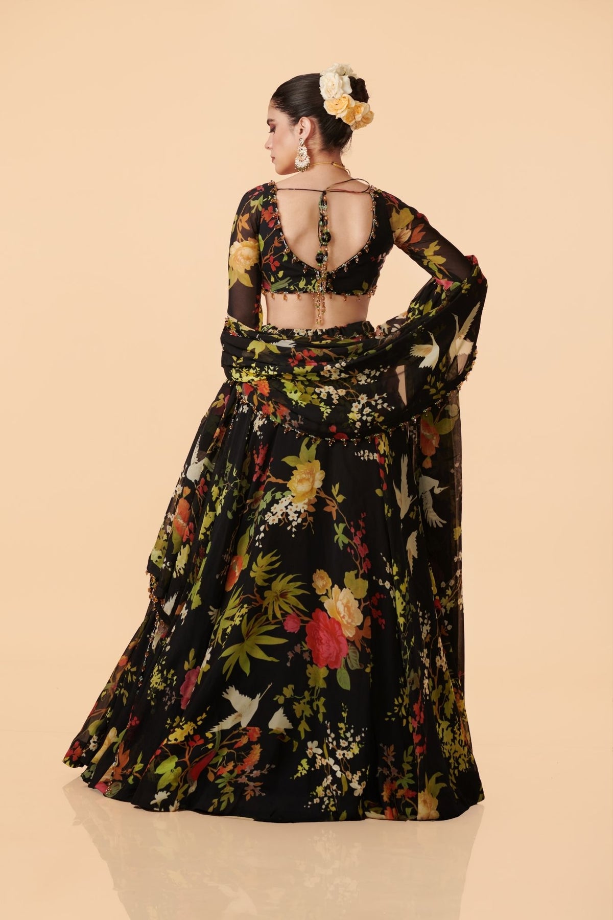 Off-White, Black, Pink, Blue & Green Organza Lehenga
