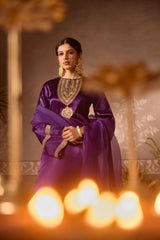 Purple Gajji Silk Embroidered Kurta Set with Organza Dupatta