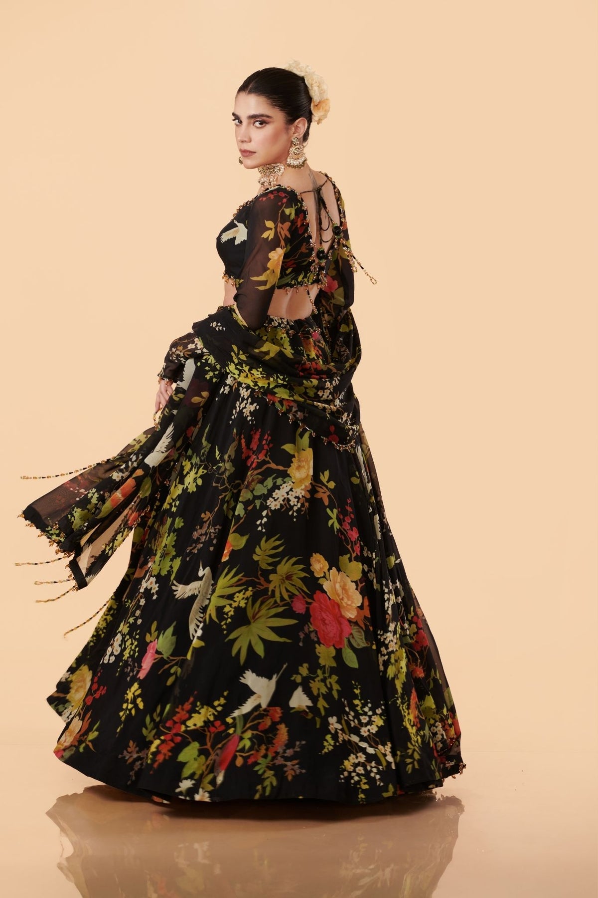 Off-White, Black, Pink, Blue & Green Organza Lehenga