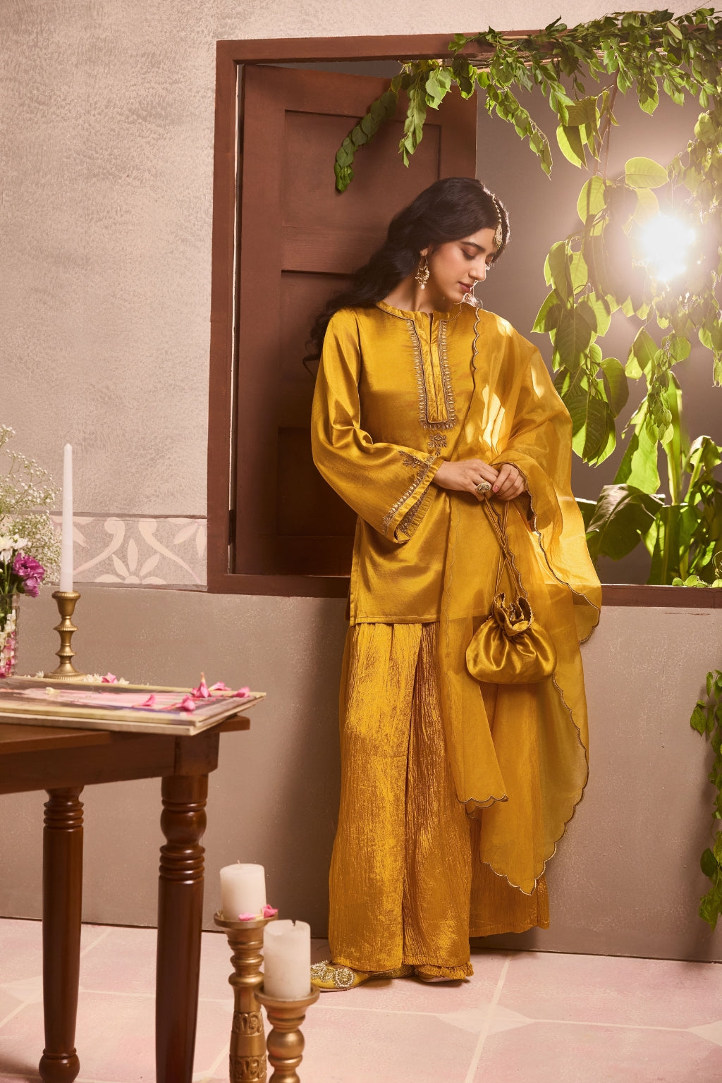 Mustard Yellow Gajji Silk Embroidered Sharara Set