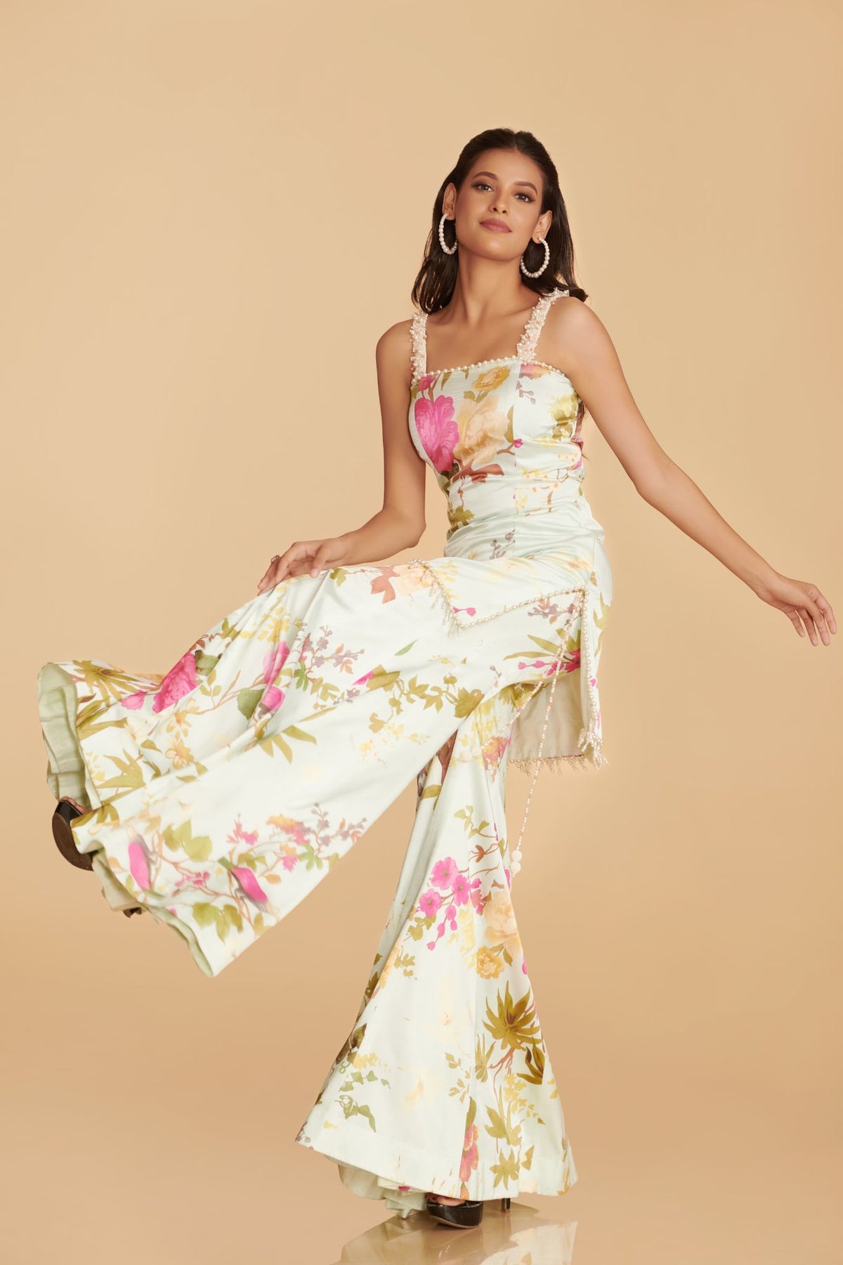 Off-White Multi-Colour Chinon Satin Kurta With Kalidaar Sharara Pant
