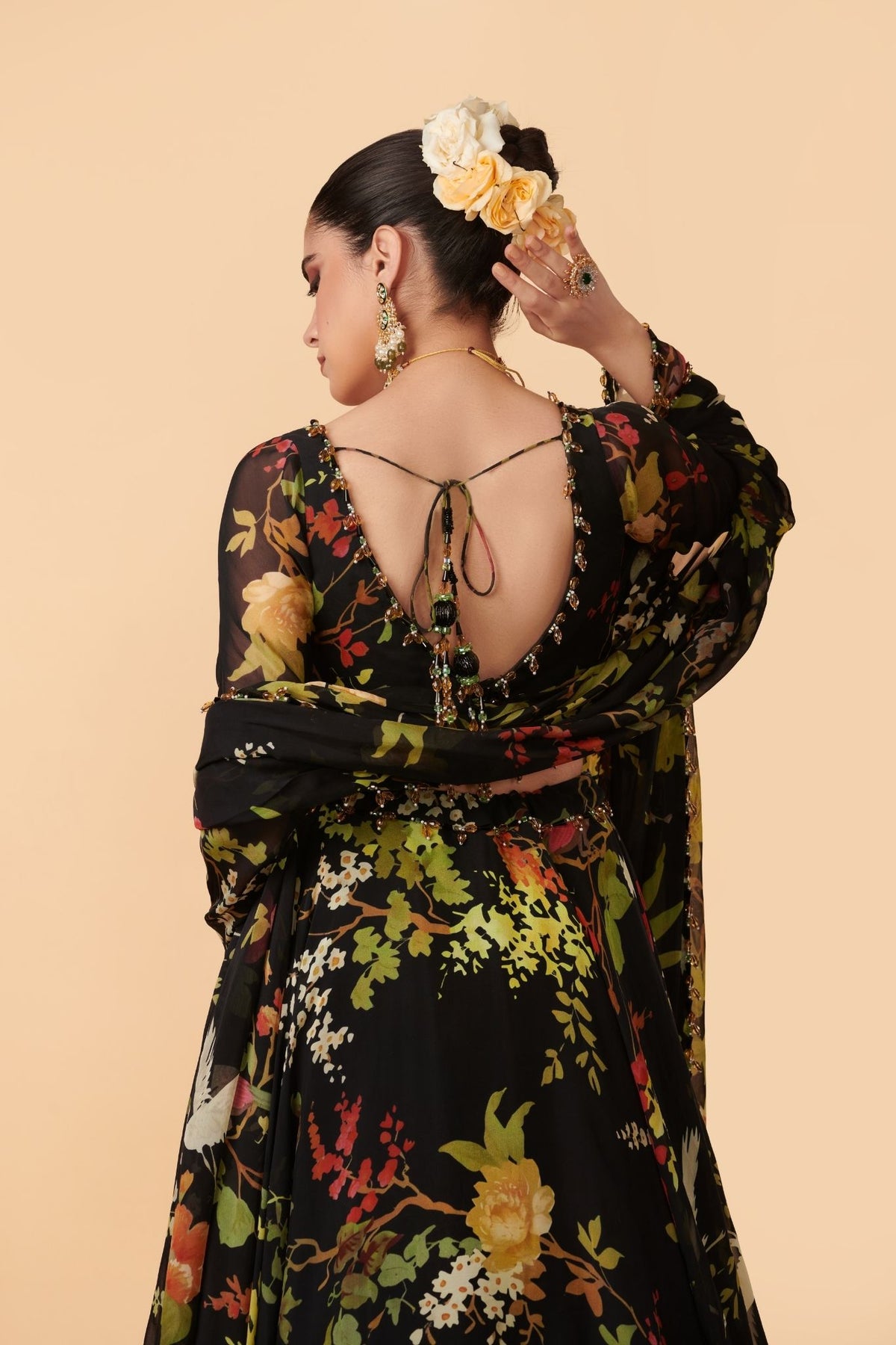 Off-White, Black, Pink, Blue & Green Organza Lehenga