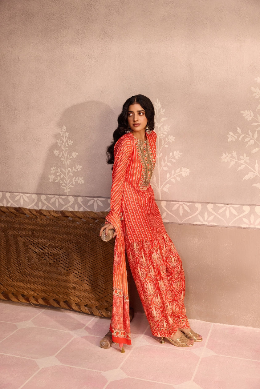 Red Printed Dola Silk Farsi Salwar With Dupatta