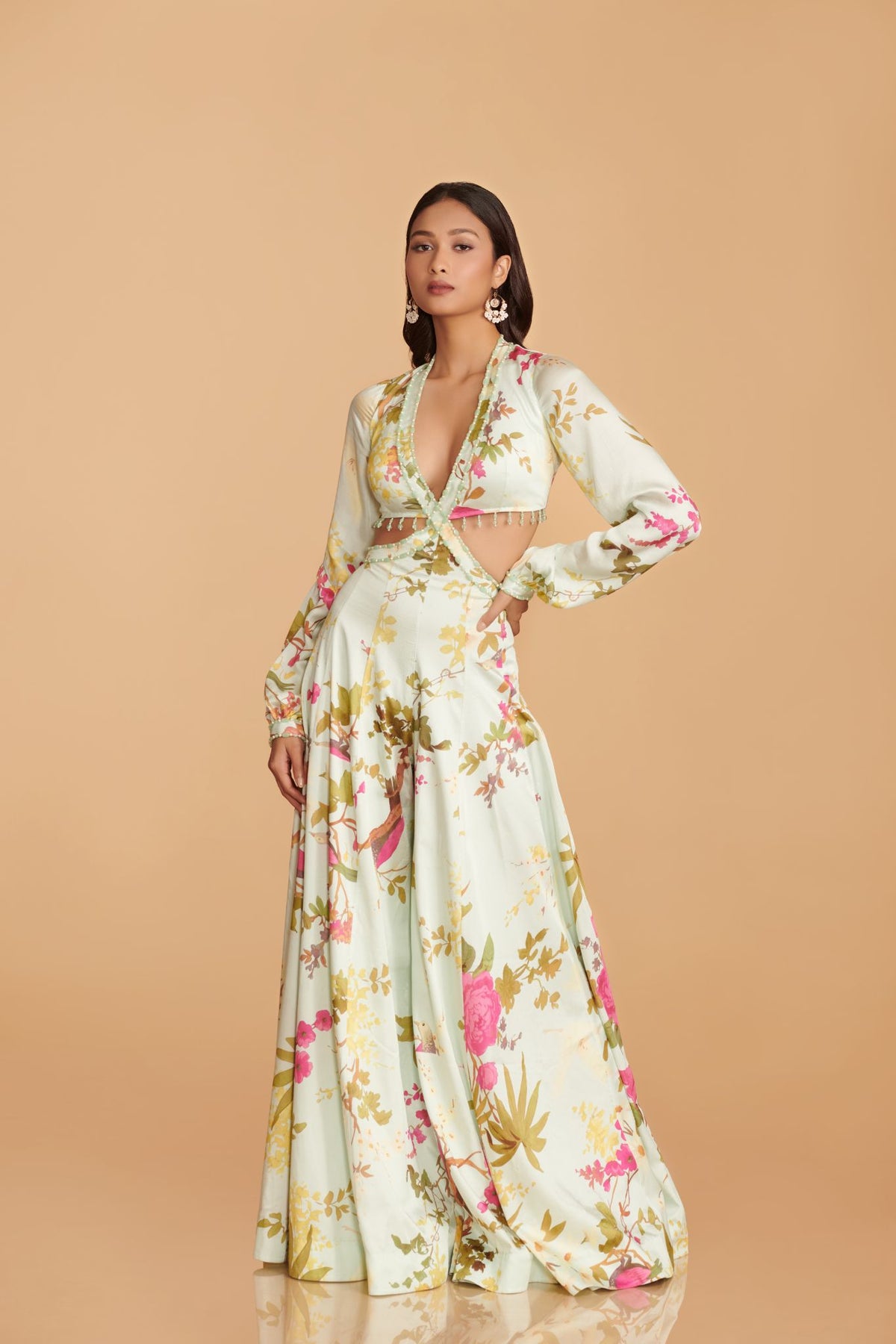 Off-White Multi-Colour Modal Satin Kalidaar Jumpsuit