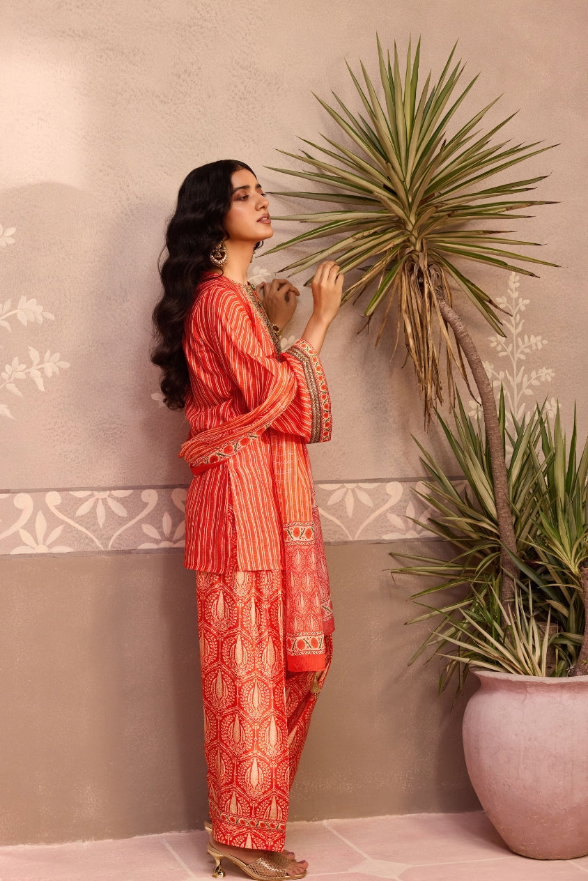 Red Printed Dola Silk Farsi Salwar With Dupatta