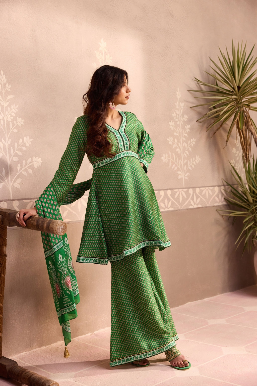 Green Dola Silk Printed Sharara Set With Dupatta