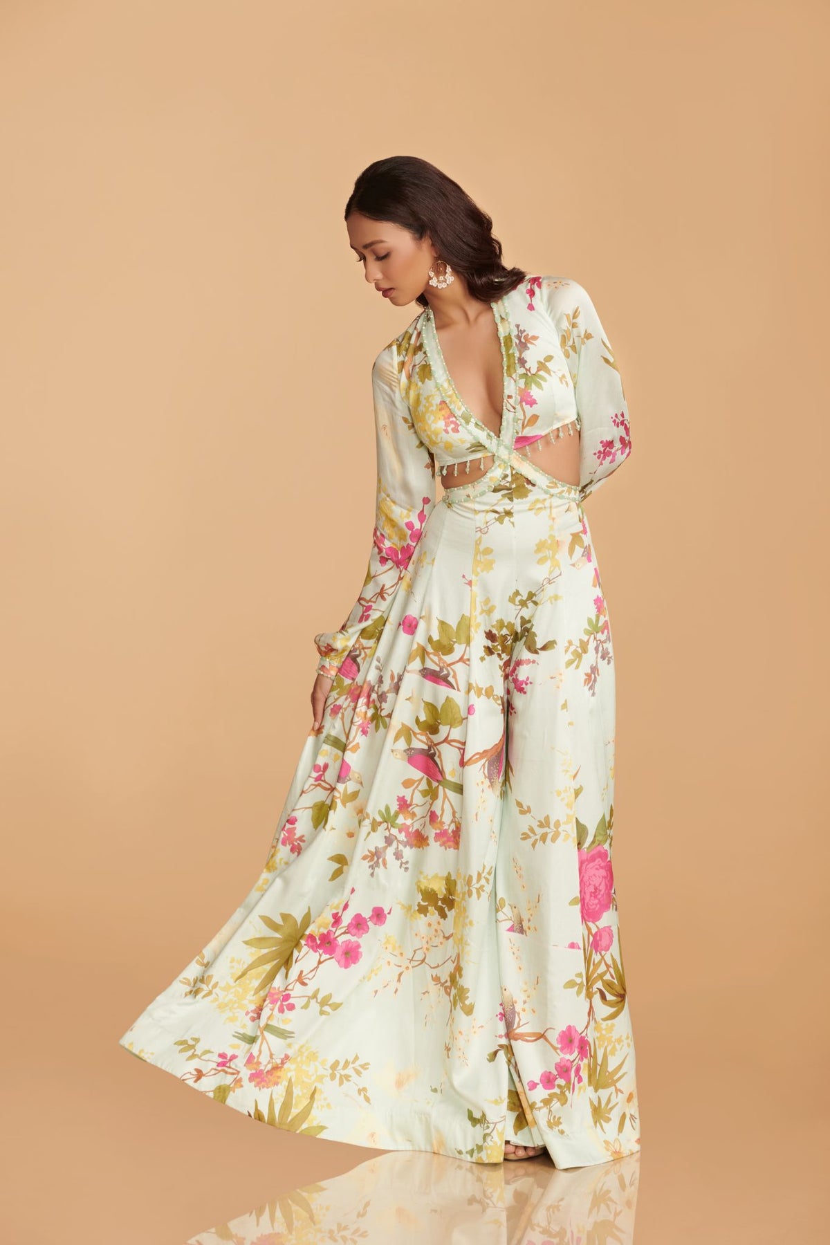 Off-White Multi-Colour Modal Satin Kalidaar Jumpsuit