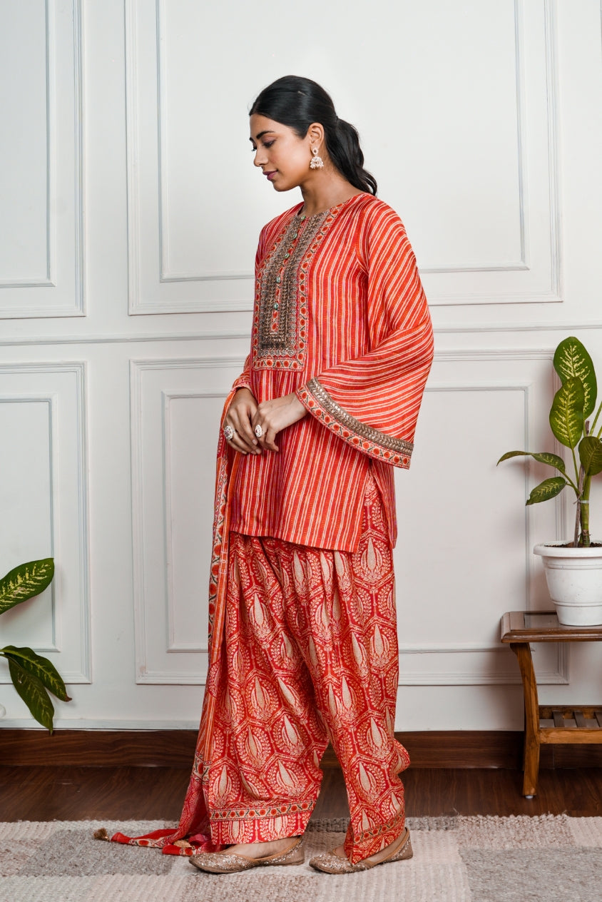 Red Printed Dola Silk Farsi Salwar With Dupatta