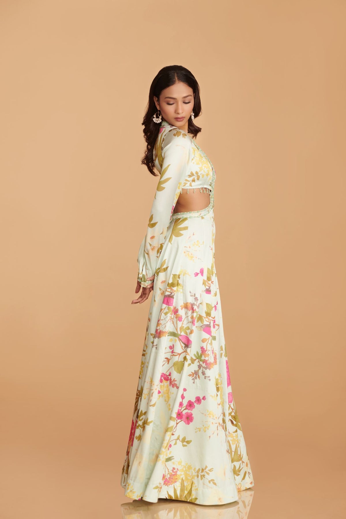 Off-White Multi-Colour Modal Satin Kalidaar Jumpsuit