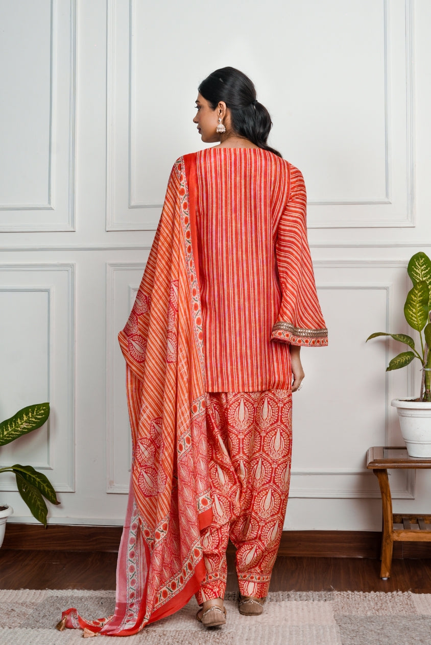 Red Printed Dola Silk Farsi Salwar With Dupatta