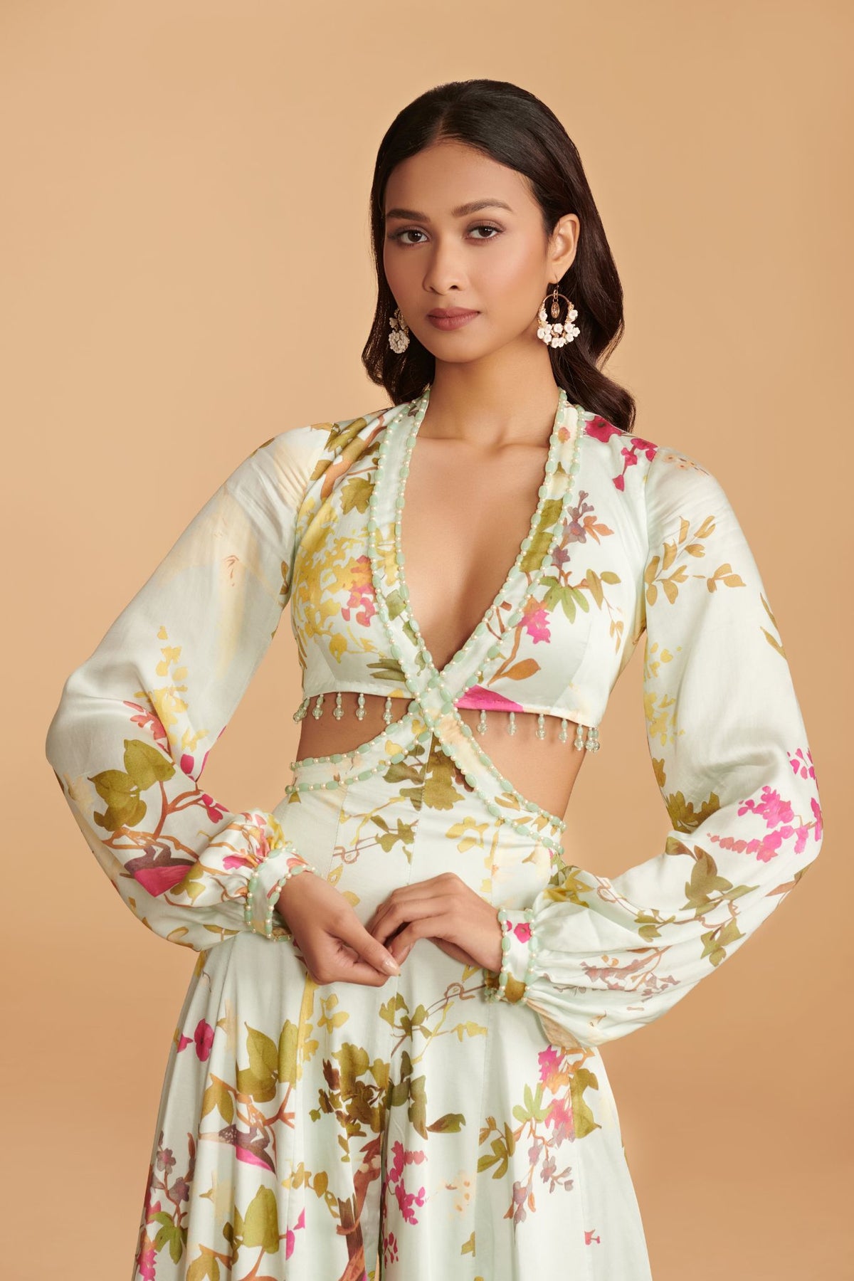 Off-White Multi-Colour Modal Satin Kalidaar Jumpsuit