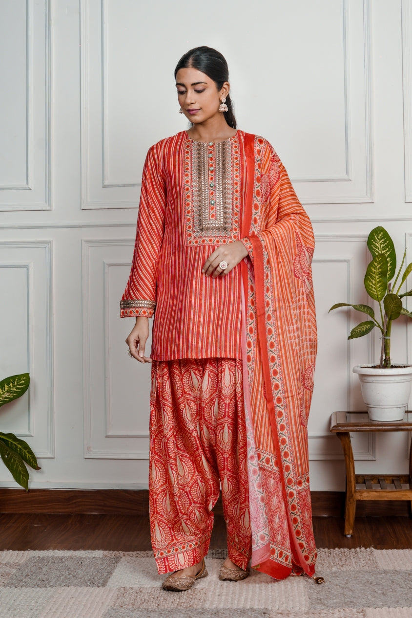 Red Printed Dola Silk Farsi Salwar With Dupatta