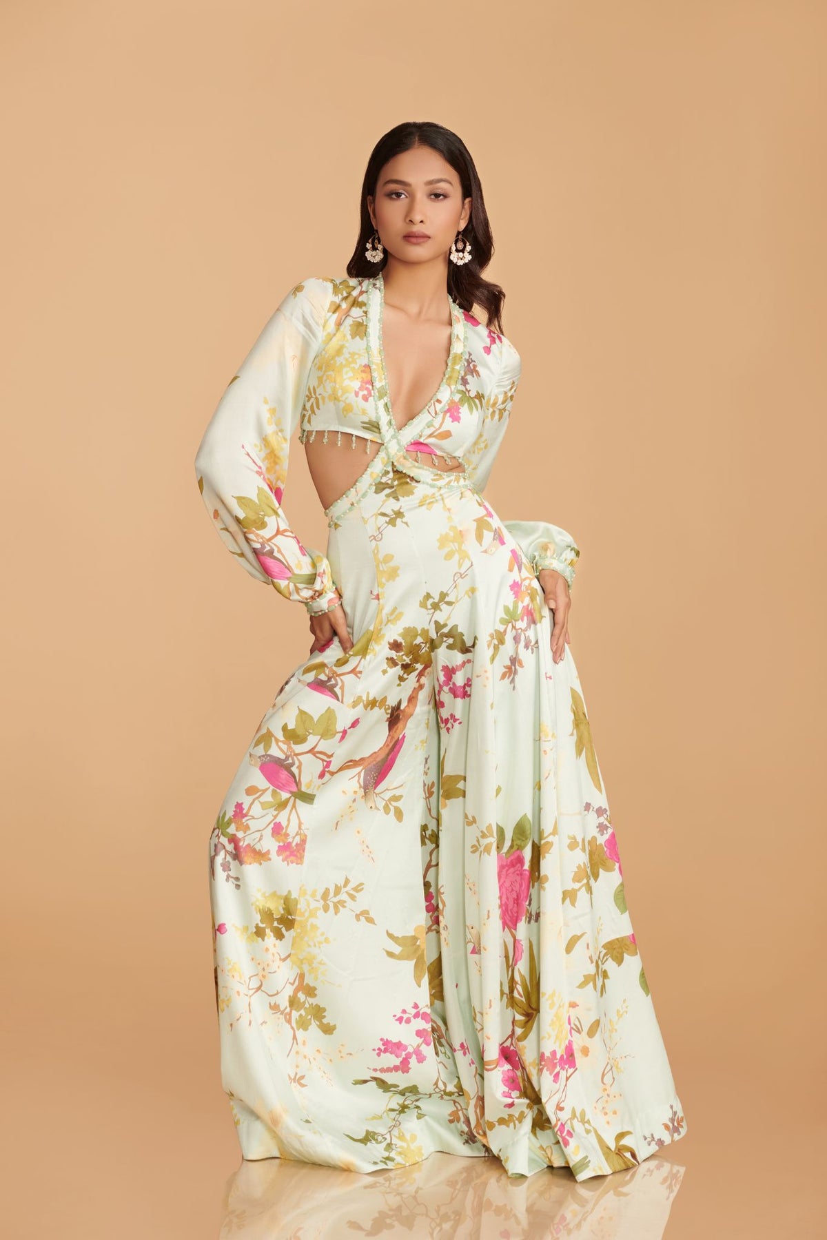 Off-White Multi-Colour Modal Satin Kalidaar Jumpsuit