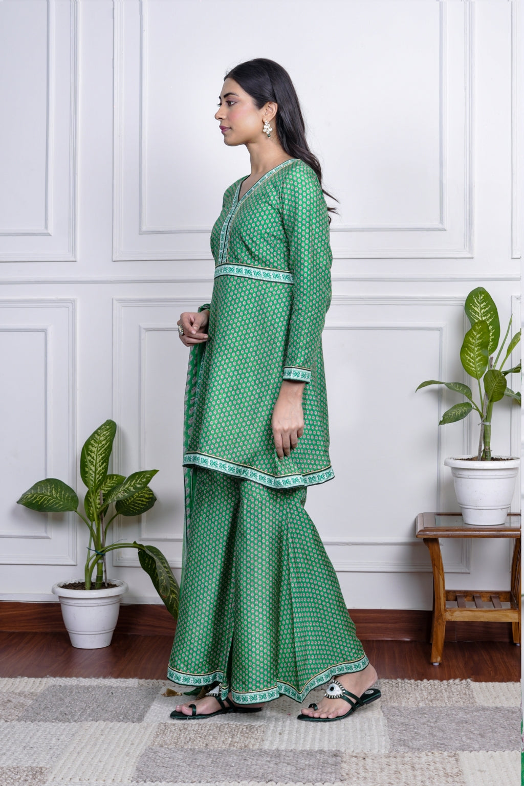 Green Dola Silk Printed Sharara Set With Dupatta