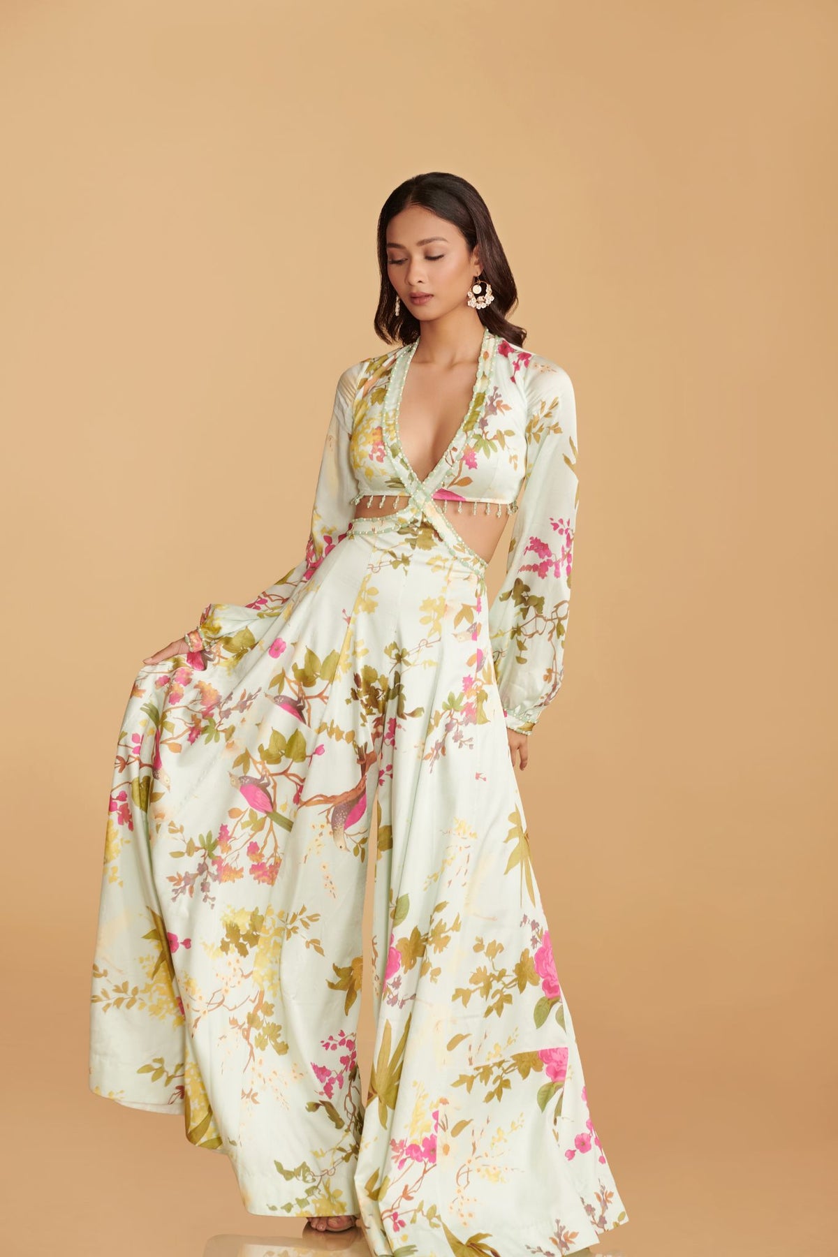 Off-White Multi-Colour Modal Satin Kalidaar Jumpsuit
