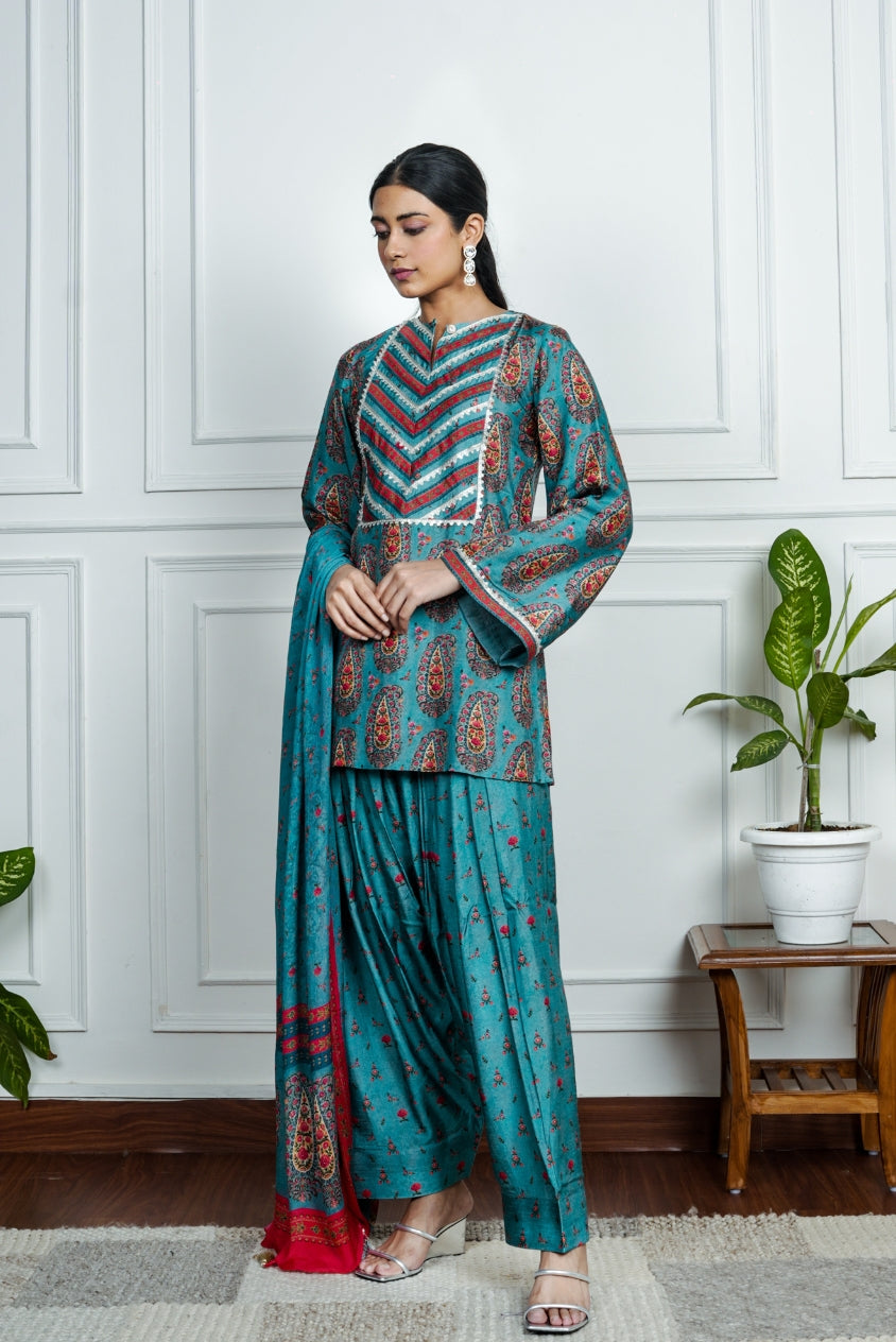 Blue Printed Dola Silk Co-Ord With Dupatta
