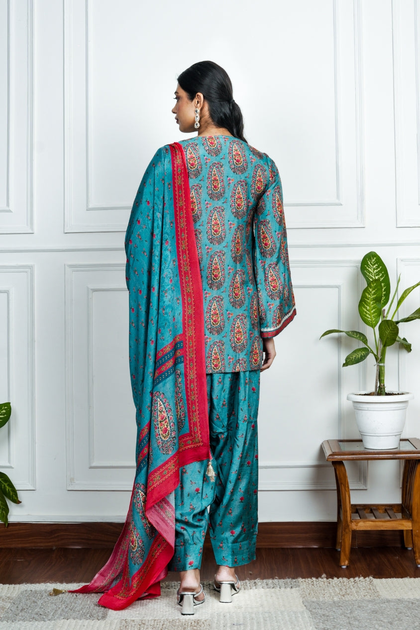 Blue Printed Dola Silk Co-Ord With Dupatta