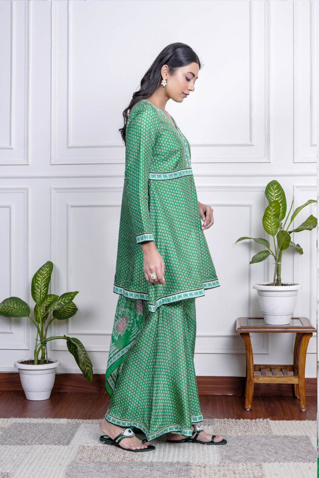 Green Dola Silk Printed Sharara Set With Dupatta