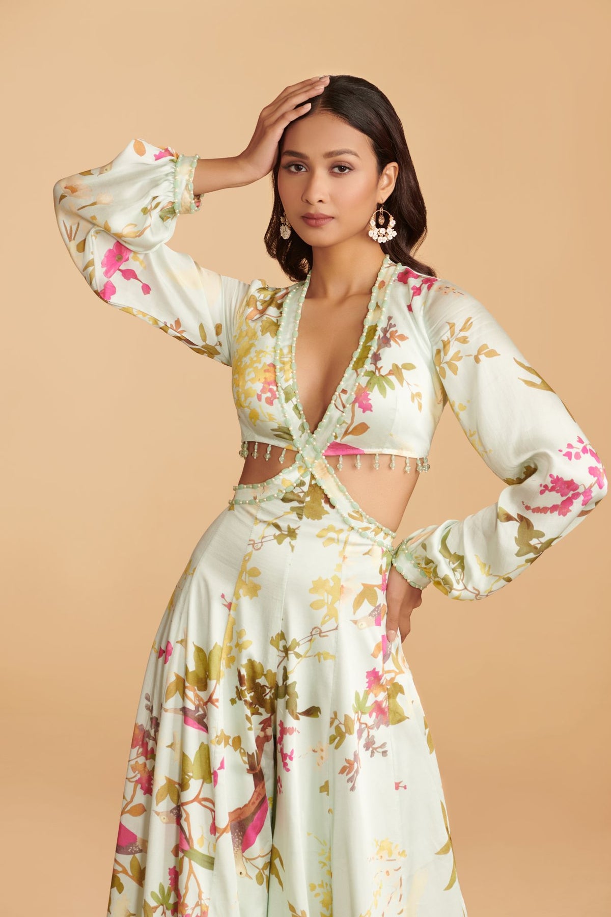 Off-White Multi-Colour Modal Satin Kalidaar Jumpsuit