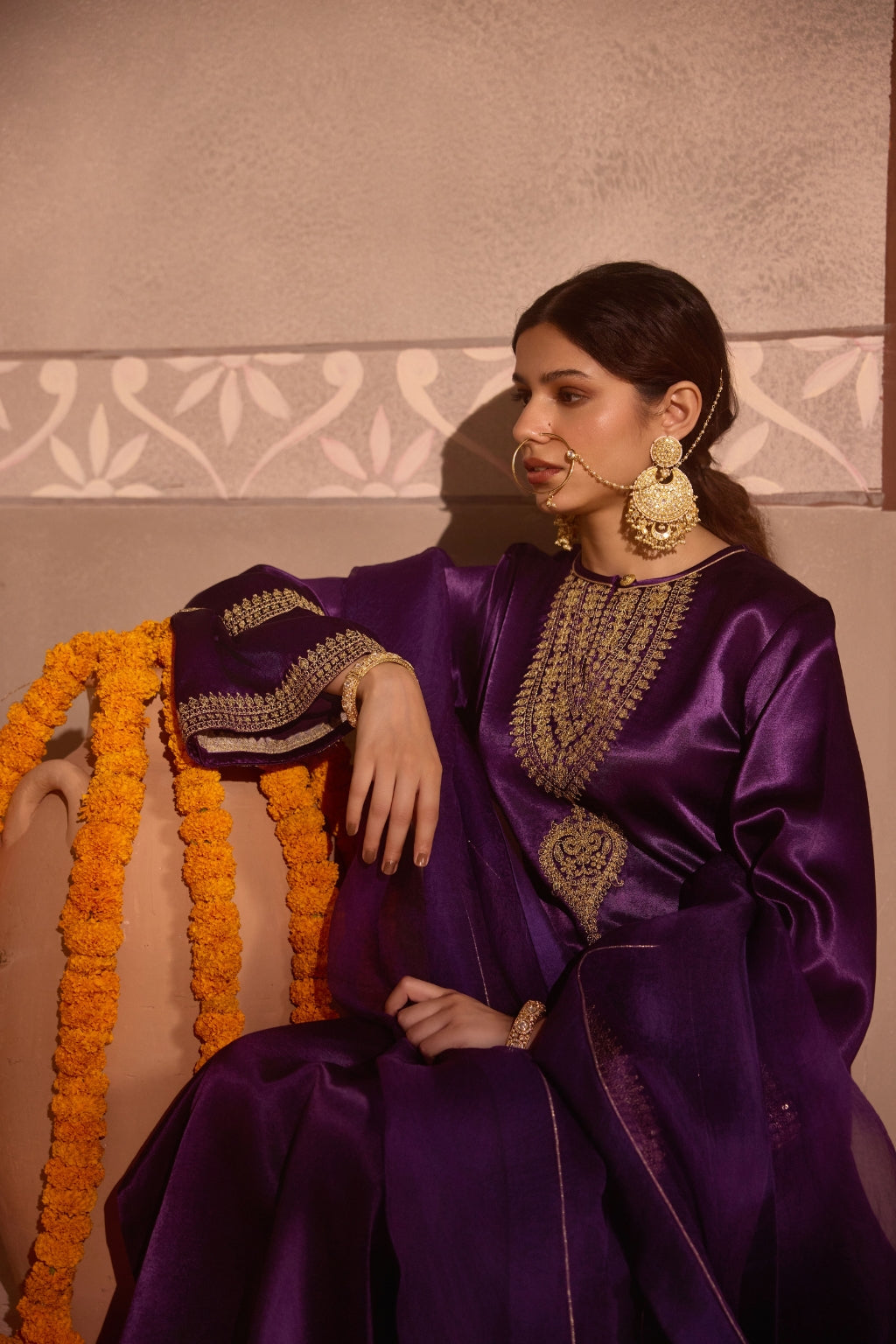 Purple Gajji Silk Embroidered Kurta Set with Organza Dupatta