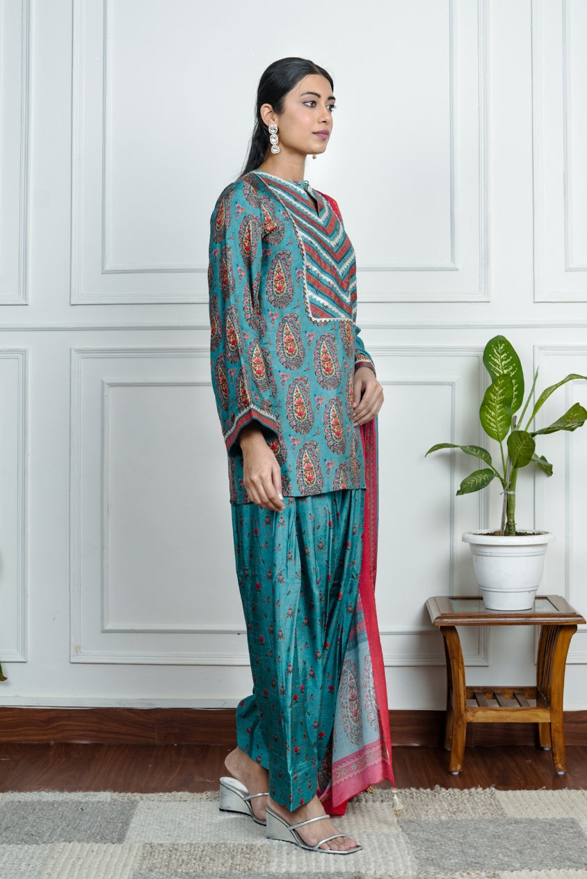 Blue Printed Dola Silk Co-Ord With Dupatta