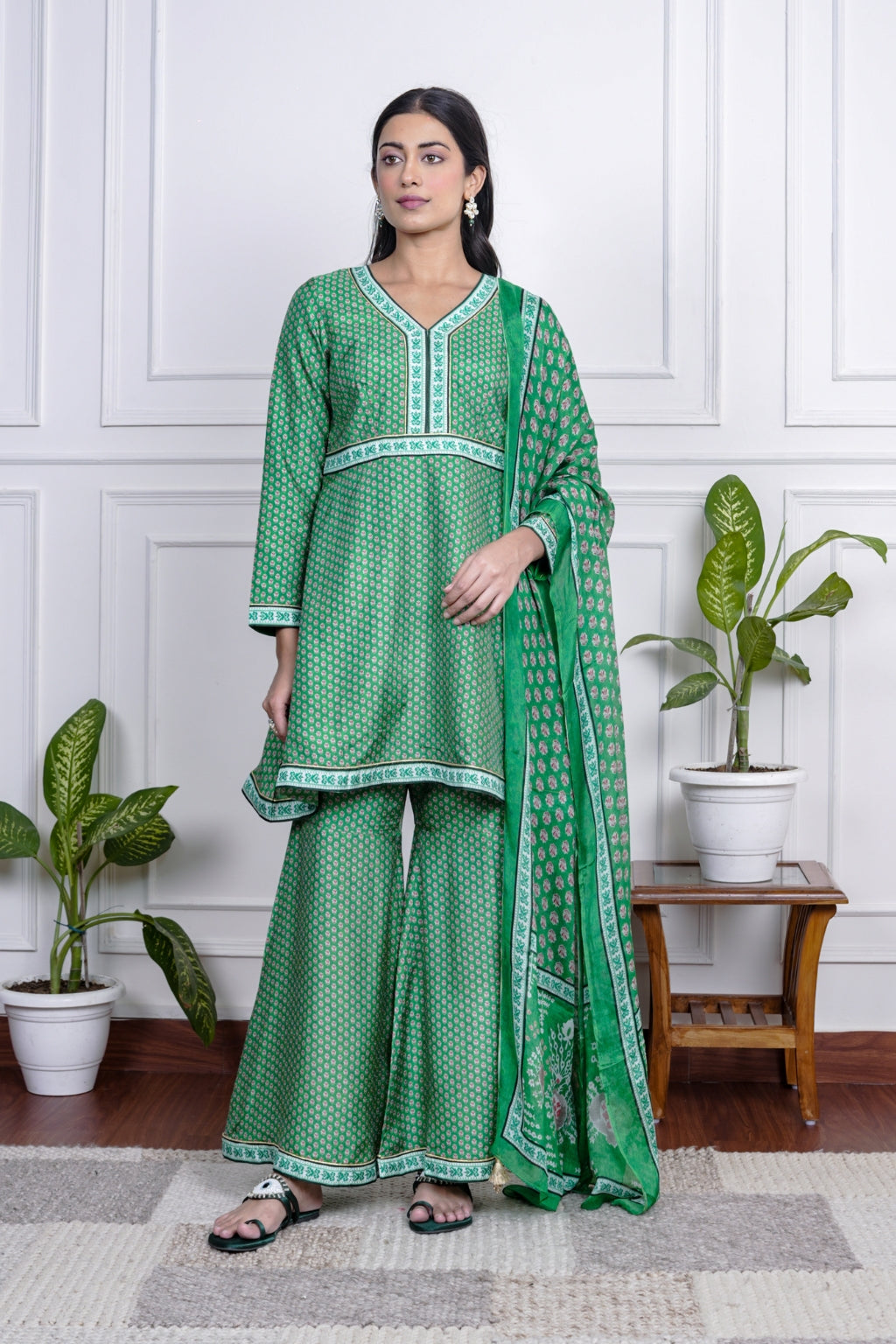 Green Dola Silk Printed Sharara Set With Dupatta