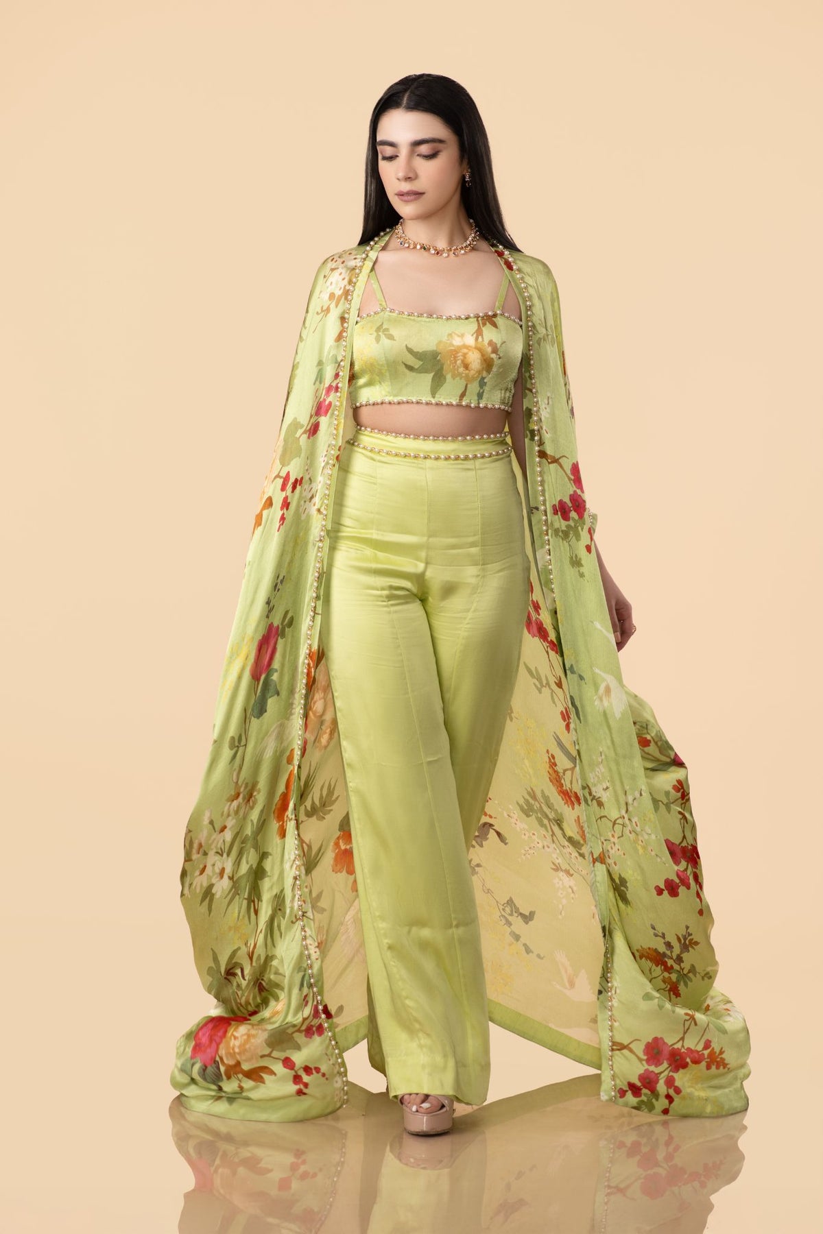 Off-White Multi-Colour Chinon Robe With Pant & Bustier