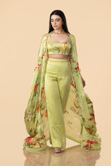 Off-White Multi-Colour Chinon Robe With Pant & Bustier