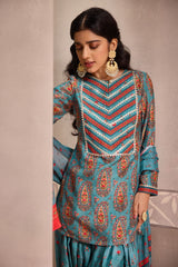Blue Printed Dola Silk Co-Ord With Dupatta