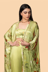 Off-White Multi-Colour Chinon Robe With Pant & Bustier