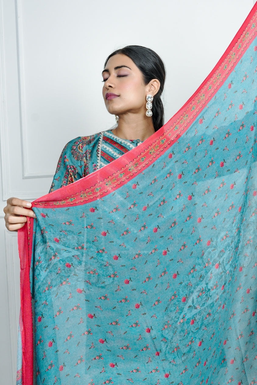Blue Printed Dola Silk Co-Ord With Dupatta