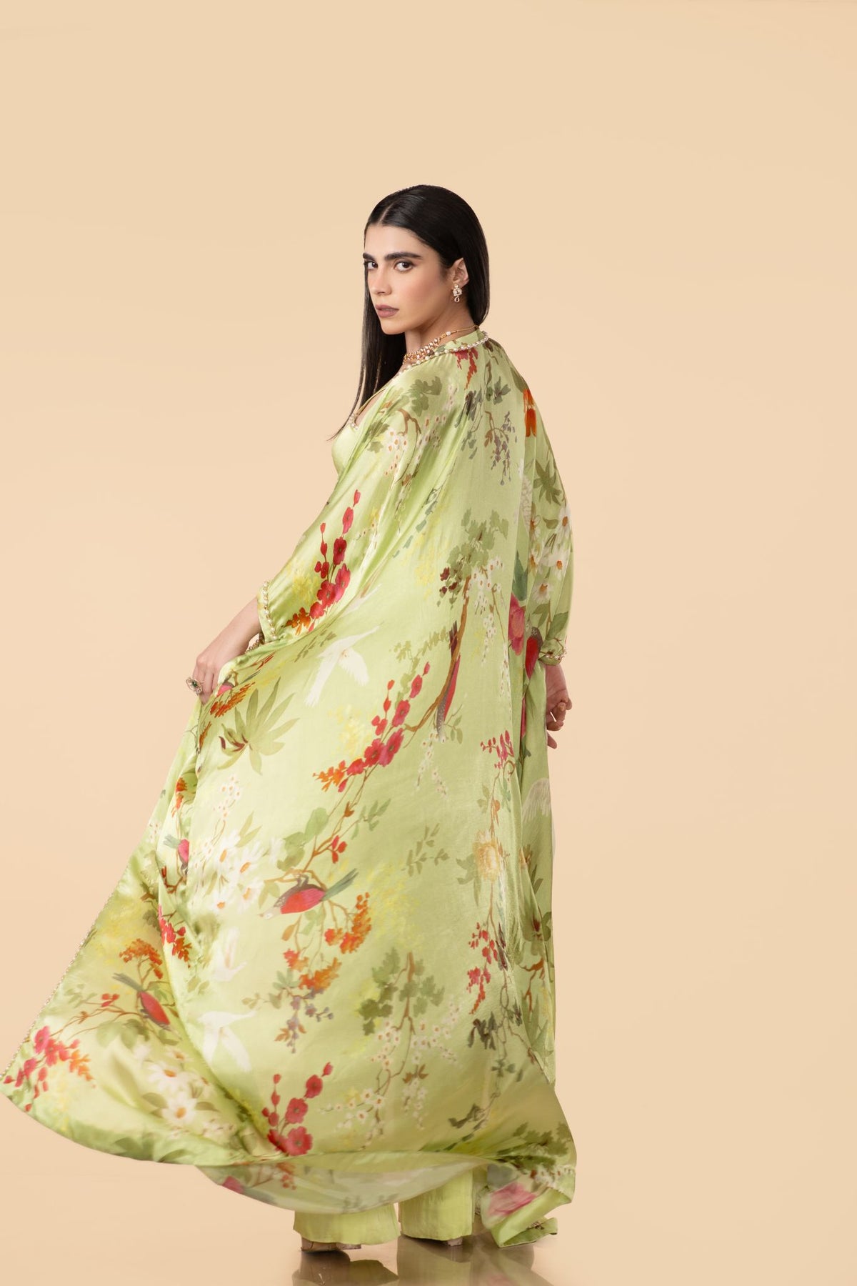 Off-White Multi-Colour Chinon Robe With Pant & Bustier