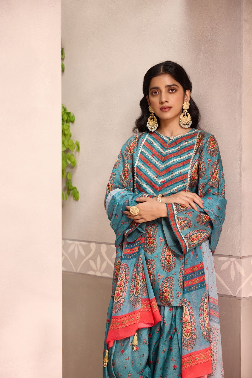 Blue Printed Dola Silk Co-Ord With Dupatta
