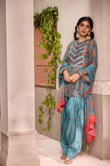 Blue Printed Dola Silk Co-Ord With Dupatta