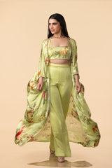 Off-White Multi-Colour Chinon Robe With Pant & Bustier