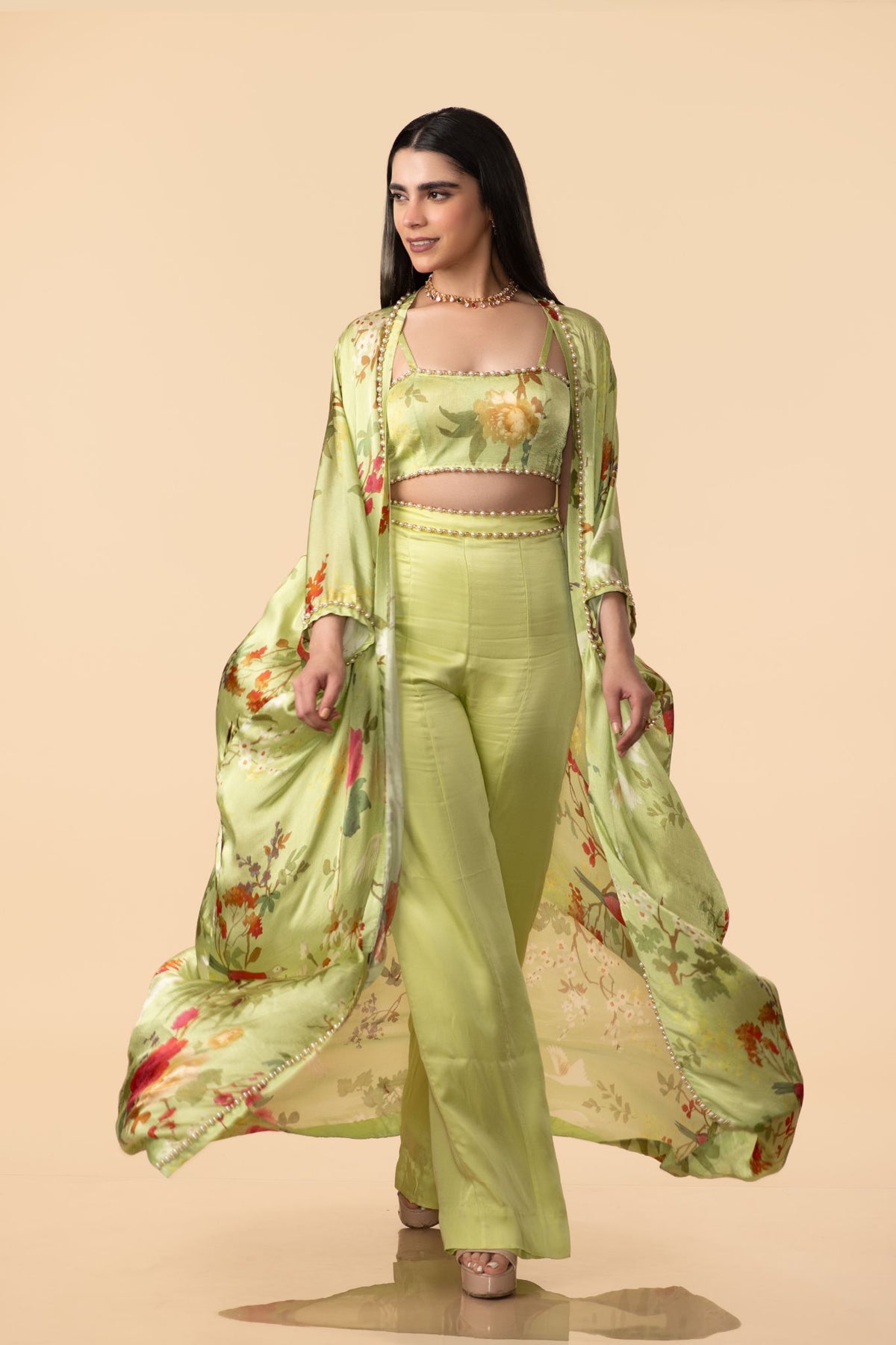 Off-White Multi-Colour Chinon Robe With Pant & Bustier