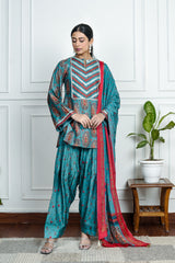 Blue Printed Dola Silk Co-Ord With Dupatta
