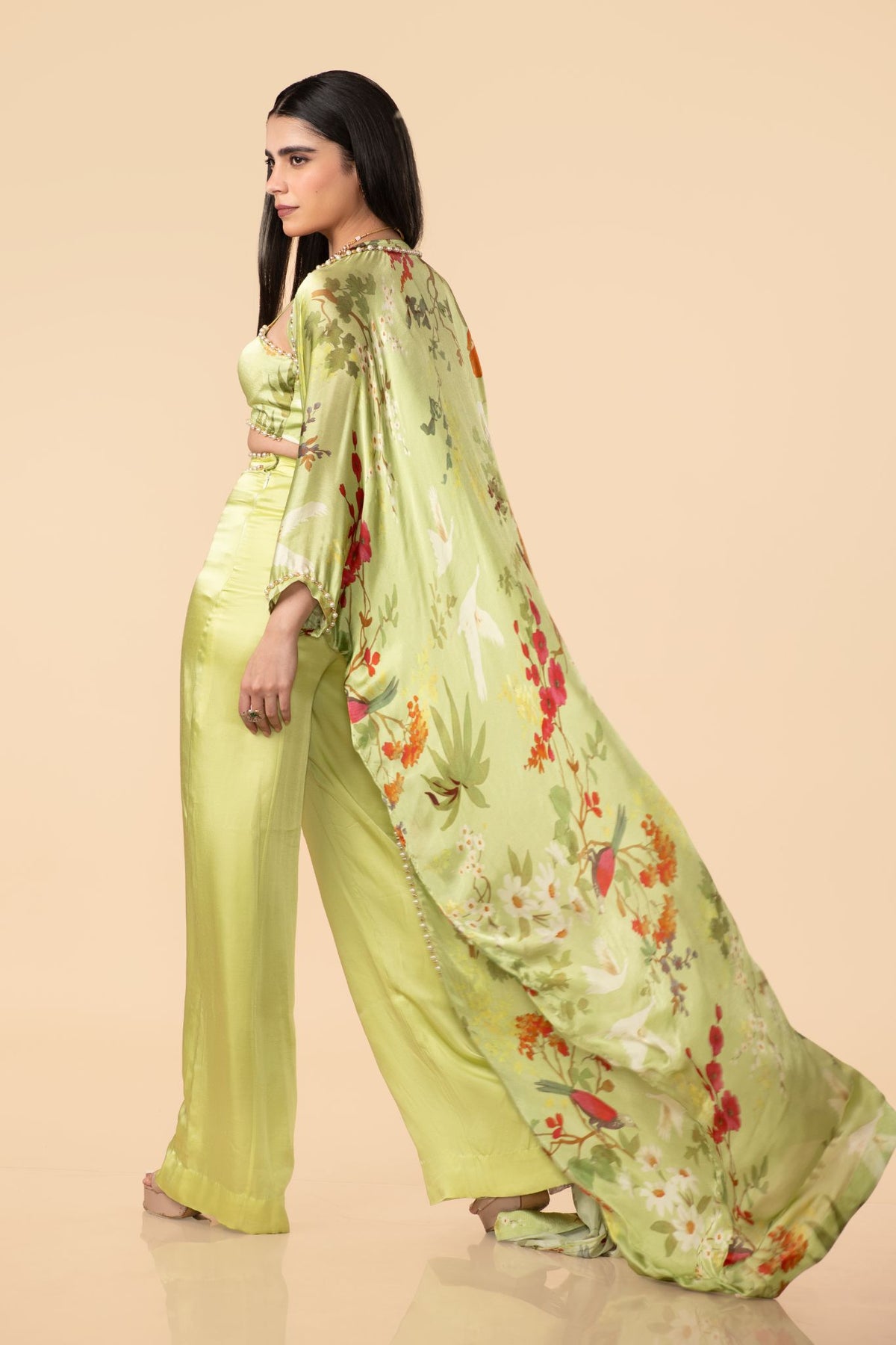 Off-White Multi-Colour Chinon Robe With Pant & Bustier