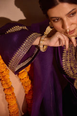 Purple Gajji Silk Embroidered Kurta Set with Organza Dupatta