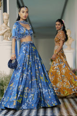 Blue Chinon Lehenga With Blouse and Dupatta