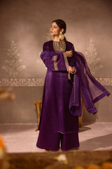 Purple Gajji Silk Embroidered Kurta Set with Organza Dupatta