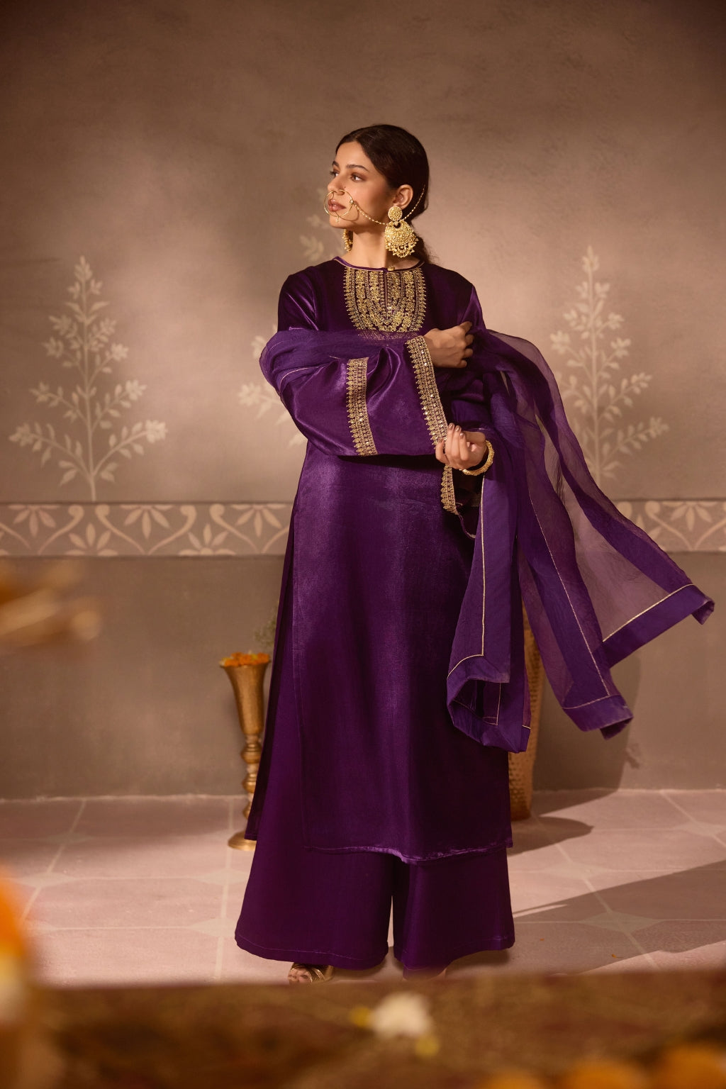 Purple Gajji Silk Embroidered Kurta Set with Organza Dupatta