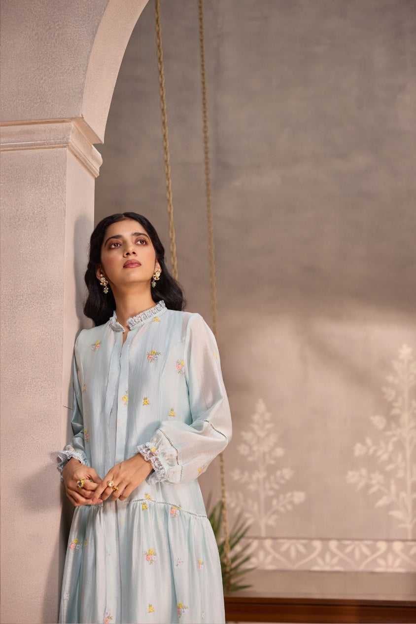 Powder Blue Chanderi Lace Layered Long Open Jacket with Cotton Sleeveless Dress