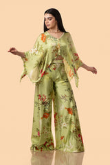 Off-White Multi-Colour Chinon Satin Kaftan With Bias Pant