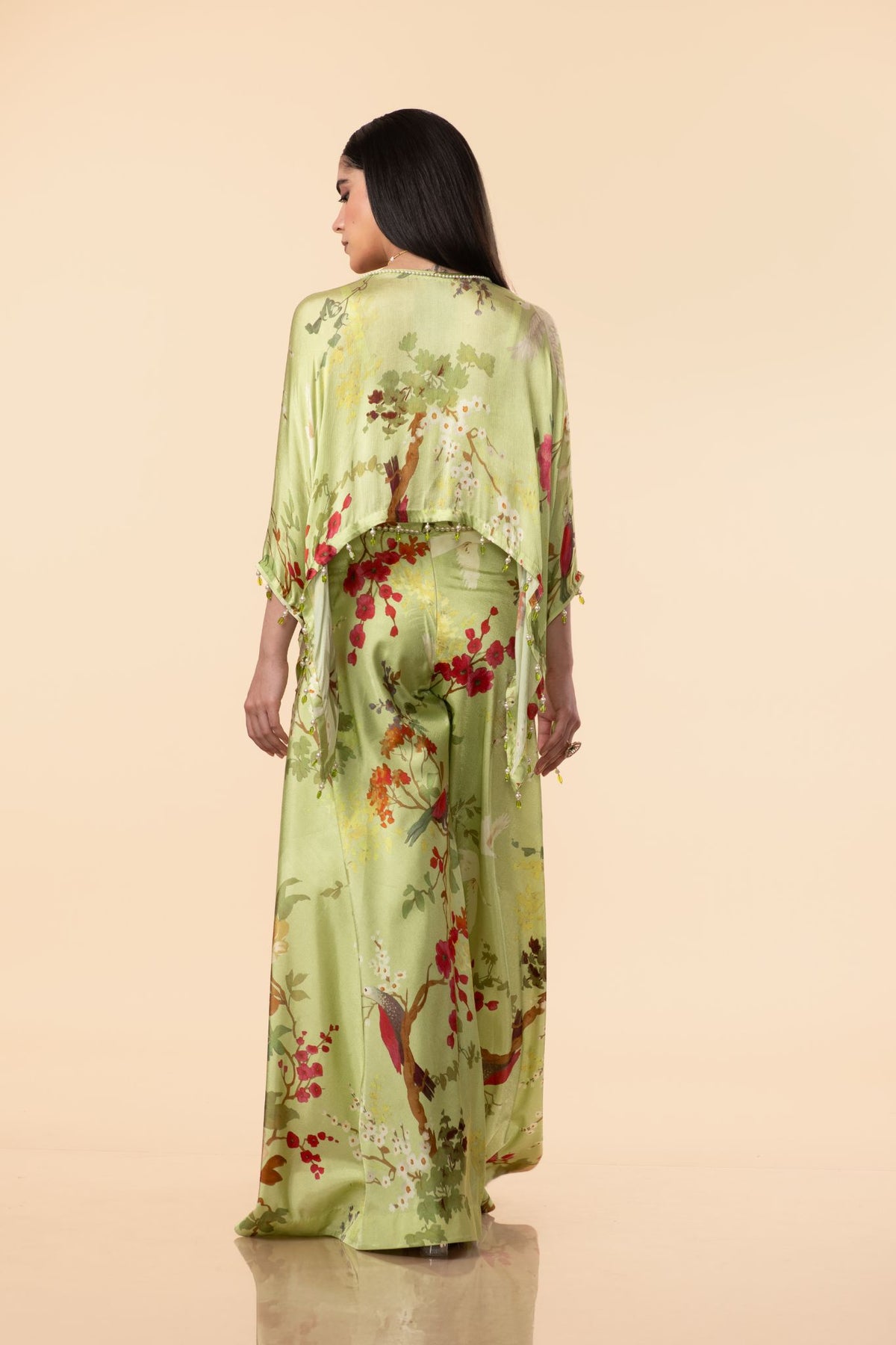 Off-White Multi-Colour Chinon Satin Kaftan With Bias Pant