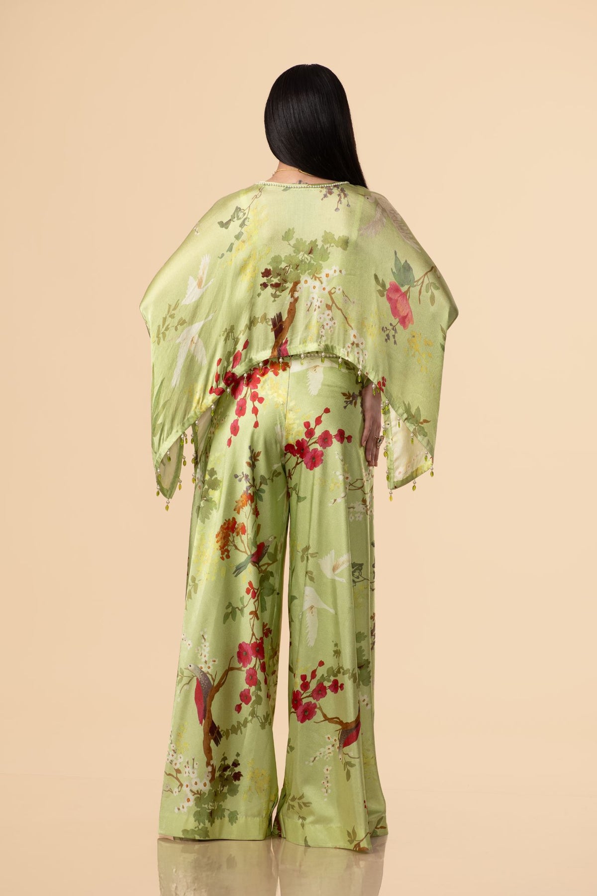 Off-White Multi-Colour Chinon Satin Kaftan With Bias Pant