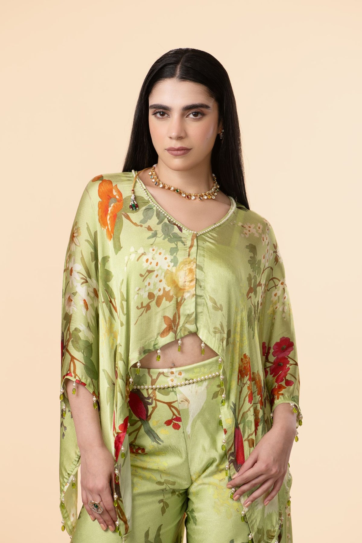 Off-White Multi-Colour Chinon Satin Kaftan With Bias Pant