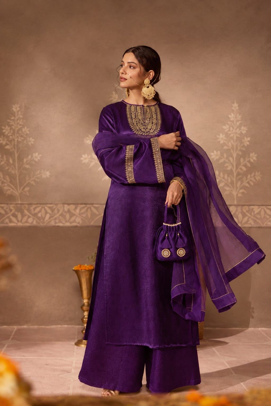 Purple Gajji Silk Embroidered Kurta Set with Organza Dupatta